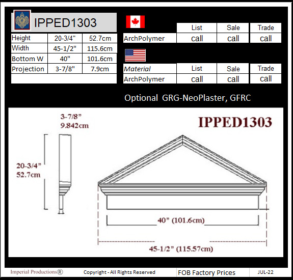 drawing and prices for IPPED1303 triangle pediment with heade