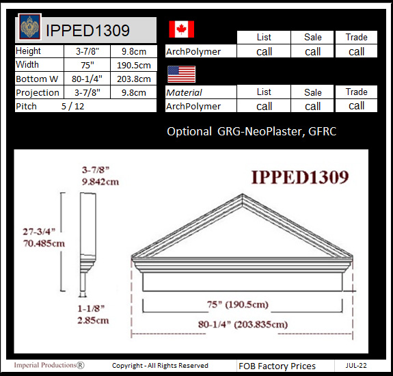 drawing and prices for IPPED1309 triangle pediment with heade