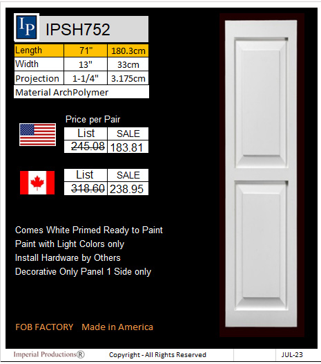 IPSH752 shutter price card for 2 panel shutter