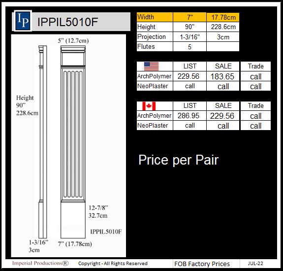 IPPIL5010F Fluted 7" wide x 90" high Pilaster