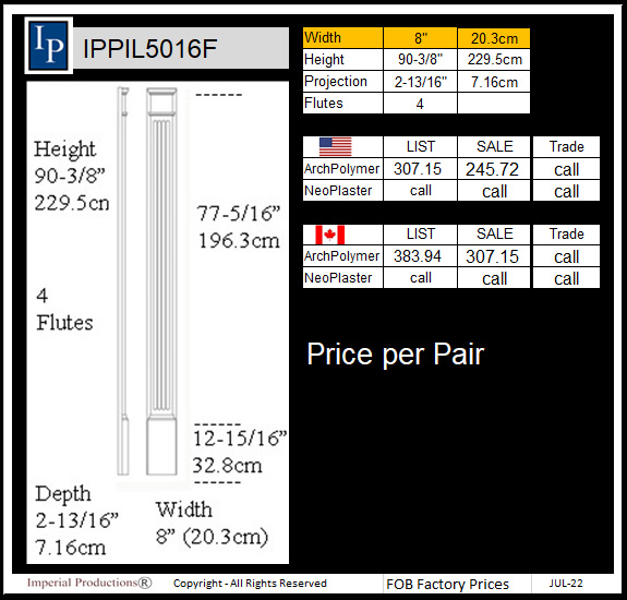 IPPIL5016F Fluted pilaster 8" x 90-3/8" high