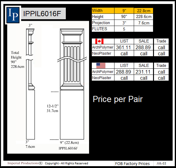 IPPIL6016F Fluted Pilaster 9 inches wide by 90" high