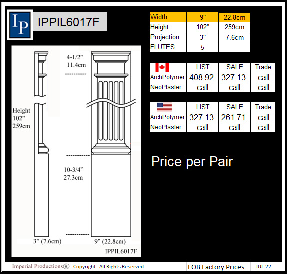 IPPIL6017F  Fluted Pilaster on board 102" x 9" wide