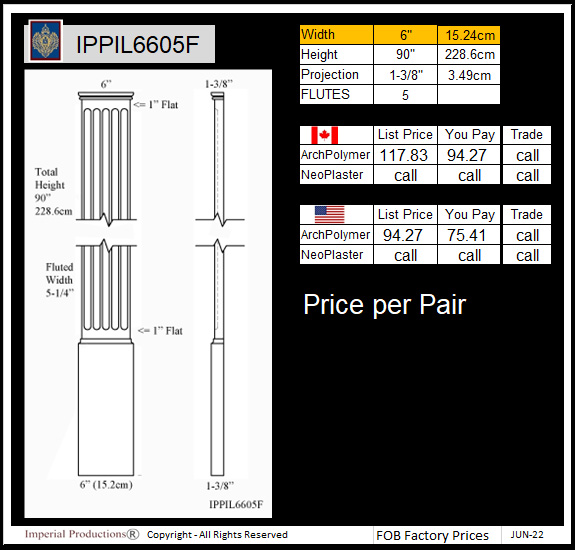 IPPIL6605F  90 inch fluted pilaster 6" wide