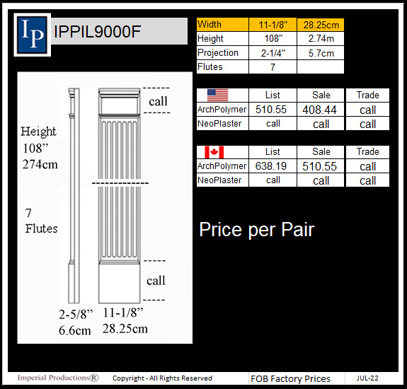 IPPIL9000F Fluted pilaster 108" high, 11-1/8" wide