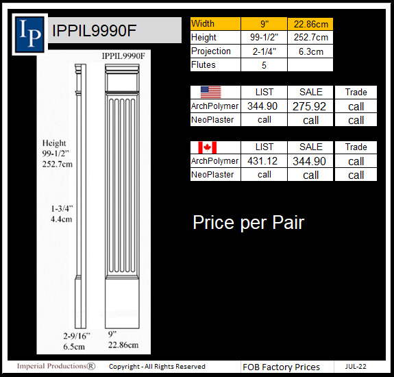 IPPIL9990F Fluted pilaster 9 inches wide