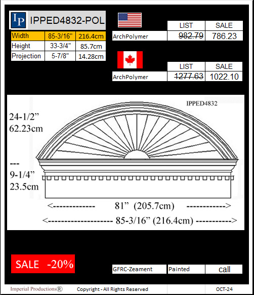 IPPED4832 sunburst pediment with freize and dentil strip