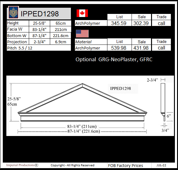 IPPED1298 peaked pediment for doors and windows