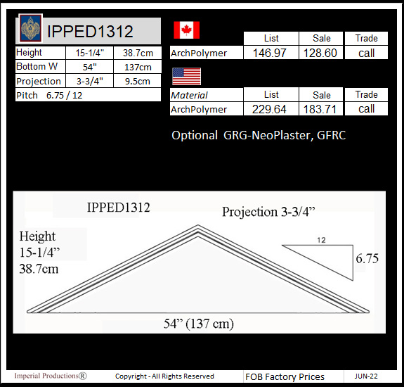 drawing and prices for IPPED1312 triangle pediment