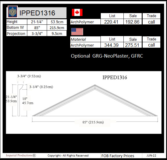 drawing and prices for IPPED1316 triangle pediment