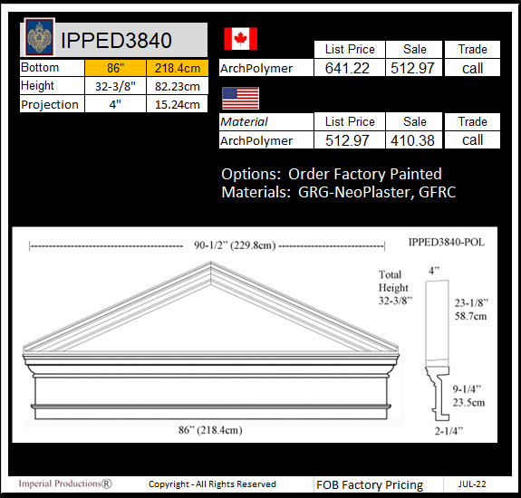 IPPED3840 peak pediment 86" wide at bottom 