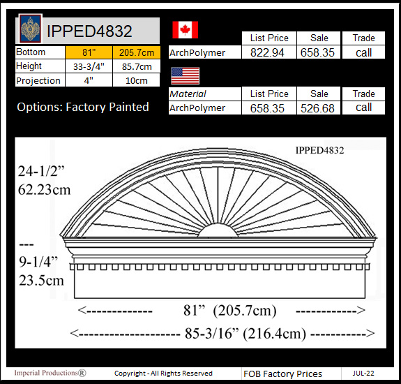 IPPED4832 sunburst pediment with freize and dentil strip