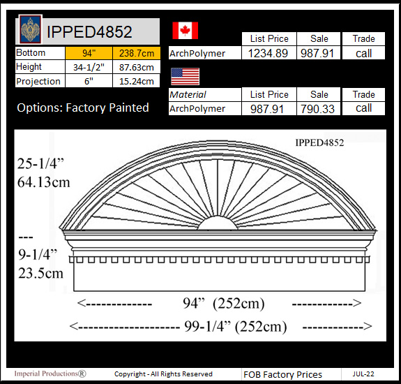 IPPED4852 sunburst pediment with dentil 