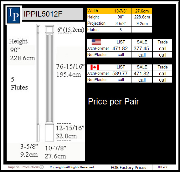 IPPIL5012F  Fluted pilaster 10-7/8" wide x 90 high