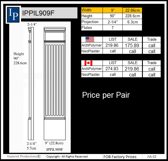 IPPIL909F Fluted Pilaster 9 inches wide