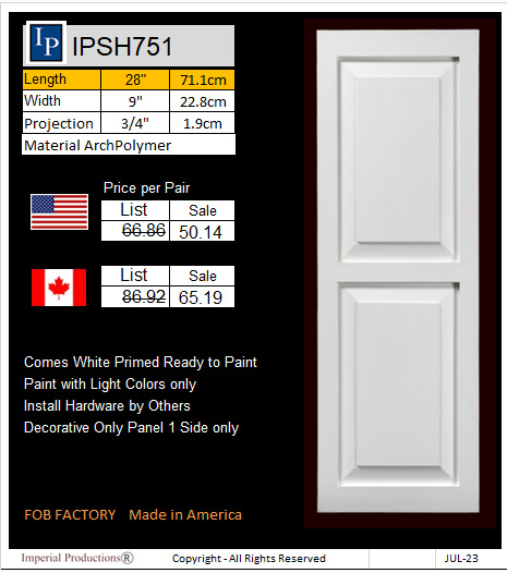 IPSH751 price card for 2 panel shutter