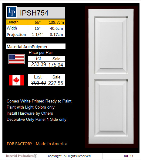 price card for IPSH754 2 panel shutter